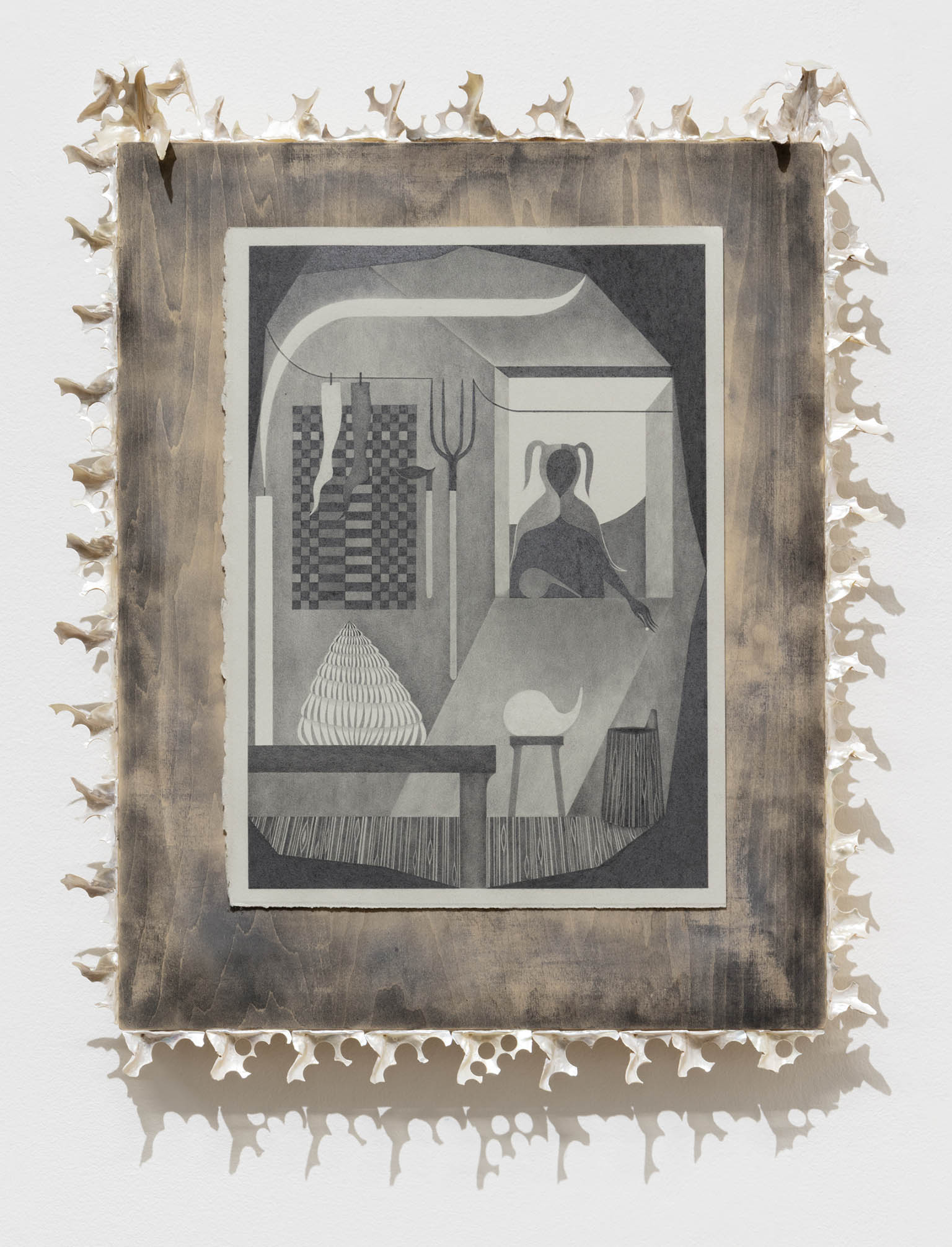 Julie Da�helov�, Jester Buttonmaker, 2023, grafit na�ru�n�m pap��e, perle� a�uhel na�d�ev�