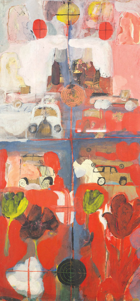 4 – 1967, kvaš, nalepené papíry na sololitu, 90,5 × 44 cm