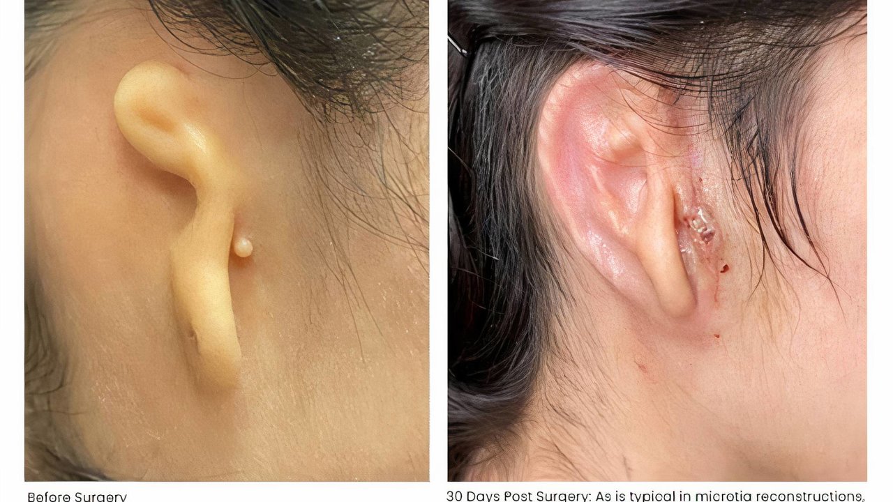 Dvacetiletá Alexa patøí ke skupinì pacientù, kteøí dostali 3D vytištìný ušní boltec vyrobený z jejich vlastních bunìk. Vlevo je ucho pøed transplantací, vpravo výsledek 30 dní po zákroku.