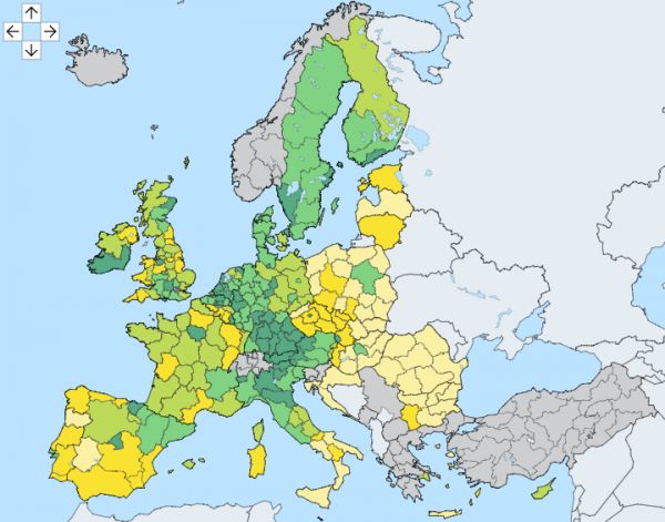Mapa Evropy - Eurostat HDP na hlavu v regionech NUTS.