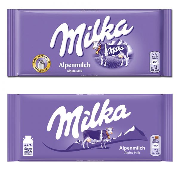 Mléčná Milka před redesignem a po něm Mléčná Milka před redesignem a po něm