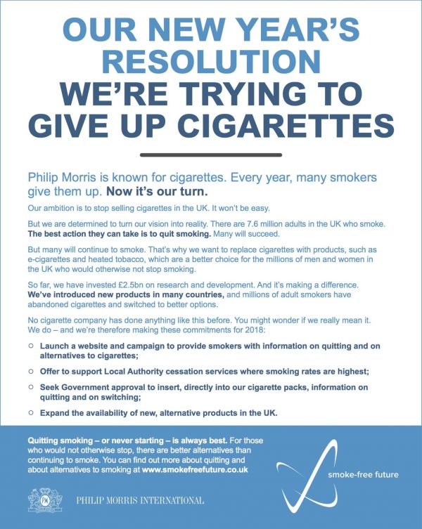 Tabáková firma Philip Morris International zveřejnila v britských denících inzerát, ve kterém nabádá lidi, aby se vzdali cigaret Tabáková firma Philip Morris International zveřejnila v britských denících inzerát, ve kterém nabádá lidi, aby se vzdali cigaret