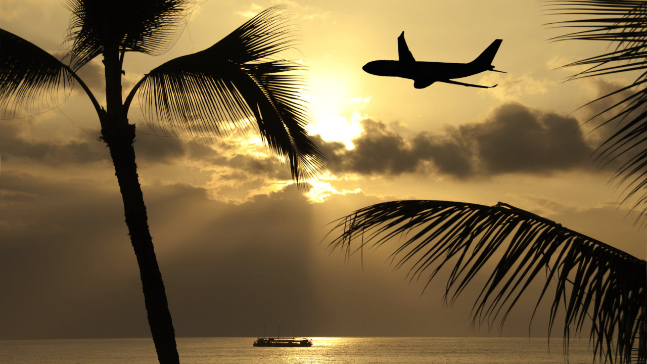 letadlo, loď, palmy, dovolená
