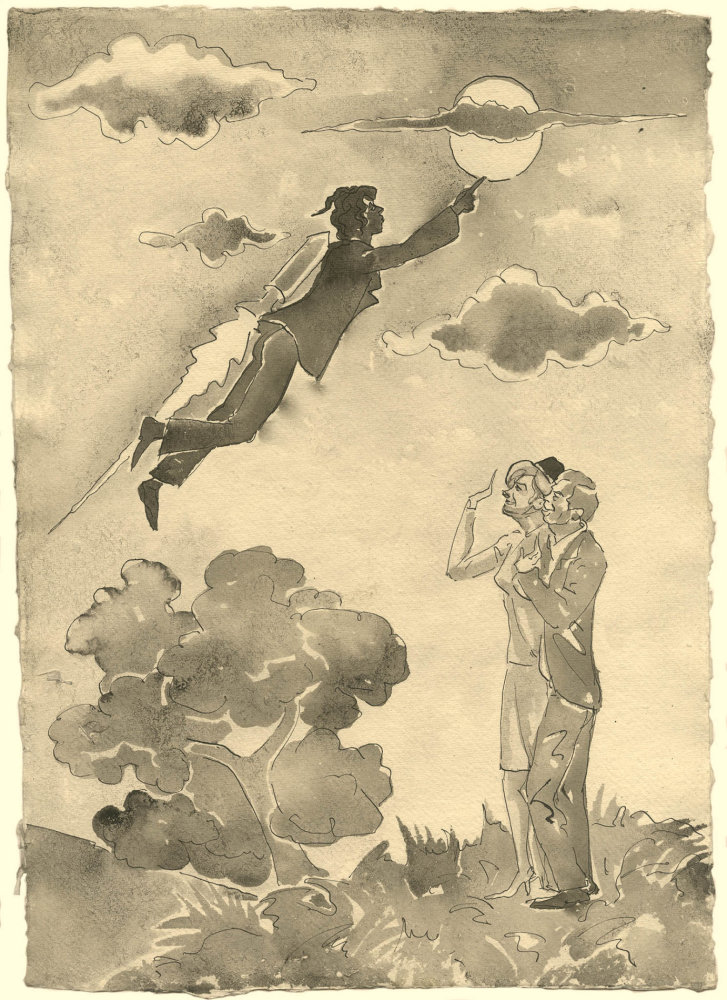 Rozlučka s Moon-walkerem, 2014, lavírovaná kresba