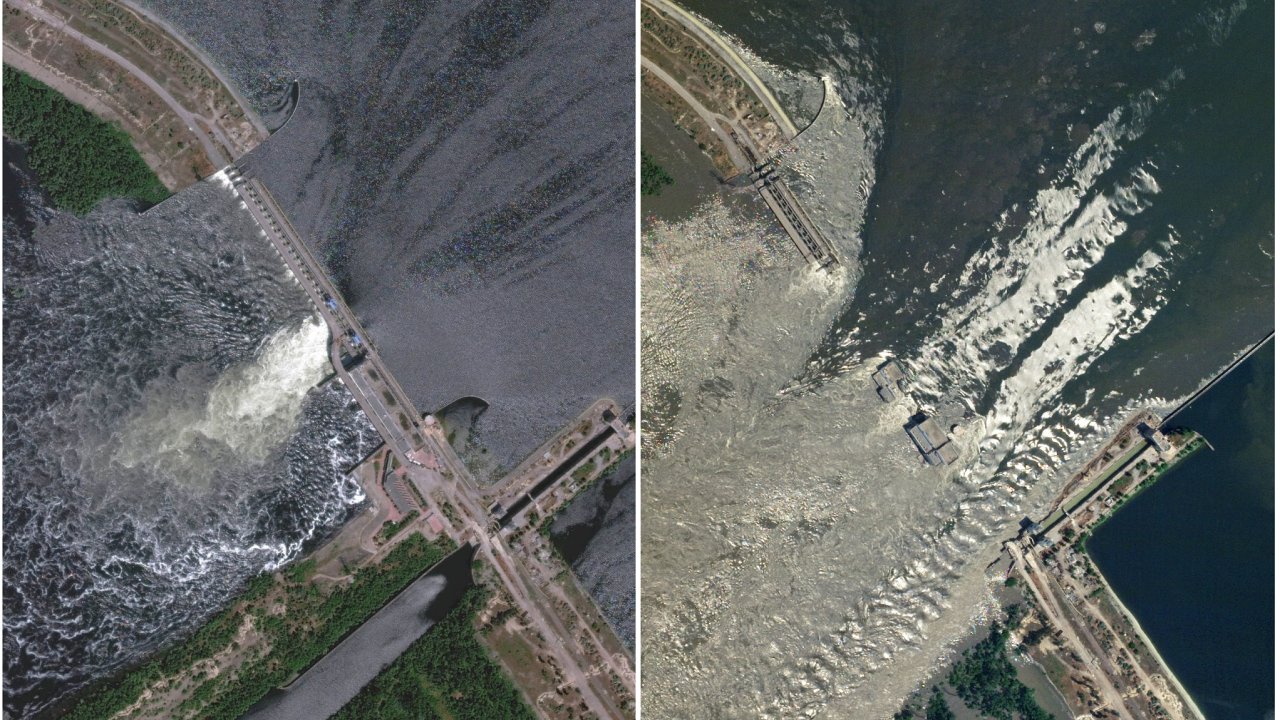 Satelitní snímky Kachovské pøehrady pøed a po jejím znièení.