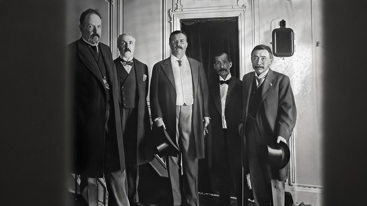 Zleva: Hrabě Sergej Witt a baron Roman Rozen (vyjednavači za ruskou stranu),...