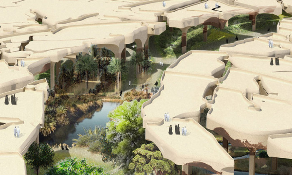 Návrh parku v Abú Dhabi architekta Thomase Heatherwicka Pohled na podzemní park bude i z pouštních plátů, které ho budou stínit.