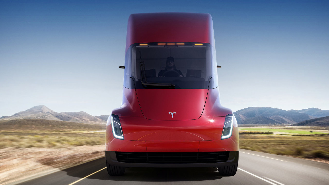 This photo provided by Tesla shows the front of the new electric semitractor-trailer unveiled on Thursday