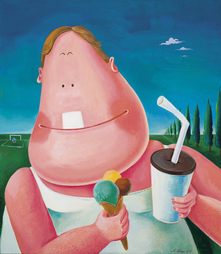 Obraz Pohoda (olej na plátně, 115 x 100 cm, 2015) je Kuncovým sarkastickým účtováním se současností.