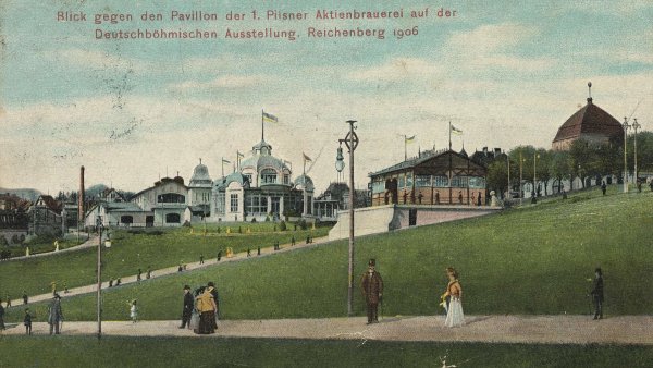 N�mecko�esk� v�stava 1906 � pohled sm�rem k pavilonu 1. plze�sk�ho akciov�ho...