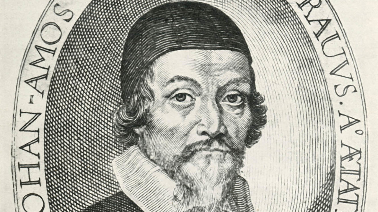 Padesátník Komenský. Rytina doprovázející anglické vydání knihy Prodromus pansophiae (Pøedchùdce vševìdy) z roku 1642 je považována za autentickou podobiznu Komenského.