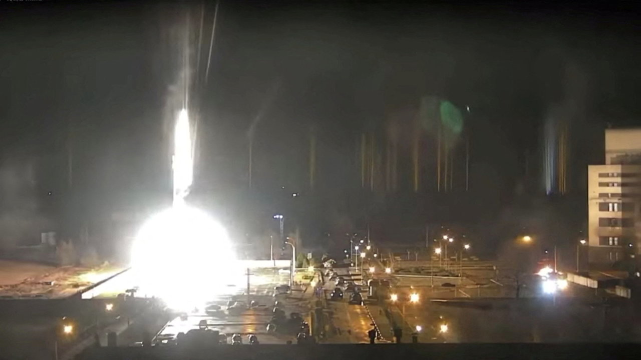 Surveillance camera footage shows a flare landing at the Zaporizhzhia nuclear power plant during shelling in Enerhodar, Zaporizhia Oblast, Ukraine March 4, 2022, in this screengrab from a video obtain