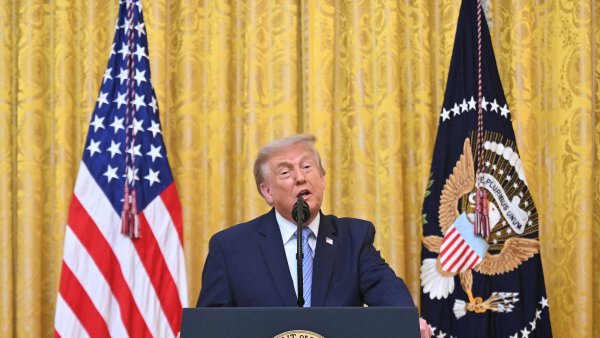 U.S. President Donald Trump addresses the nation from the White House in...