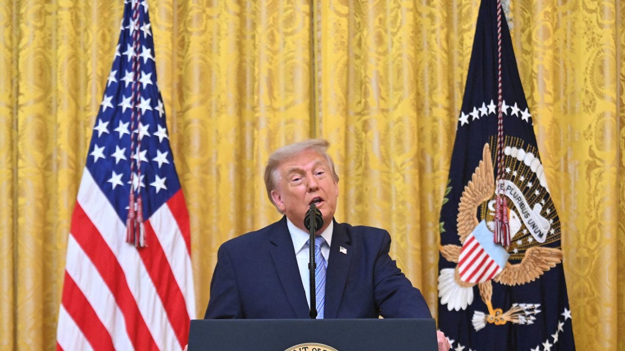 U.S. President Donald Trump addresses the nation from the White House in...