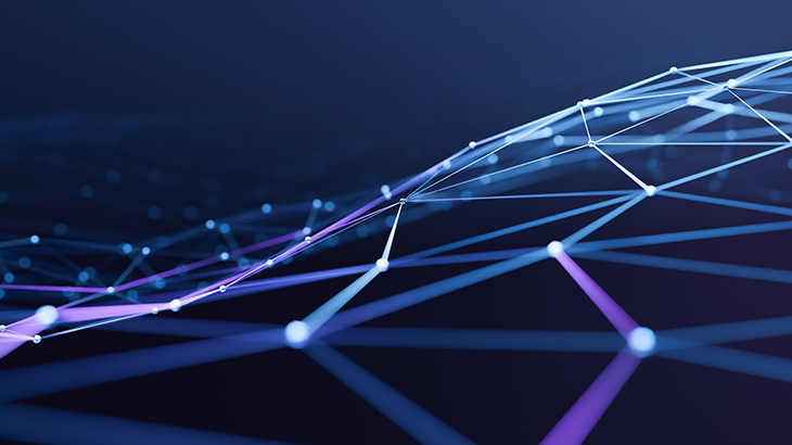 Plexus geometry or line and dot connection on dark blue background. Internet and communication technology design concept. 3d rendering
