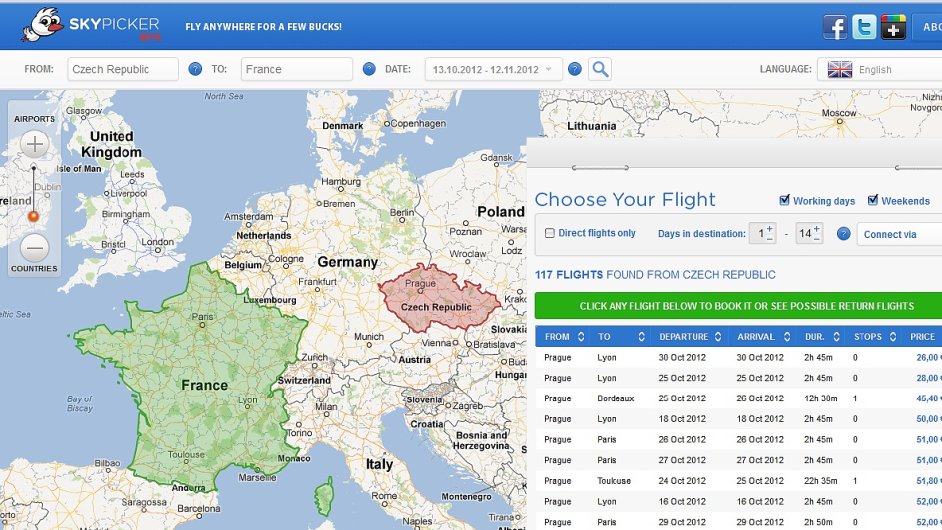 Èeský startupový projekt Skypicker hledá levné letenky po Evropì.