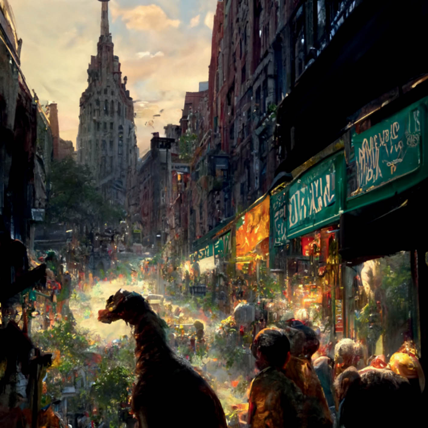 Dinosaurs in streets of New York, 8K, highly detailed, photorealistic