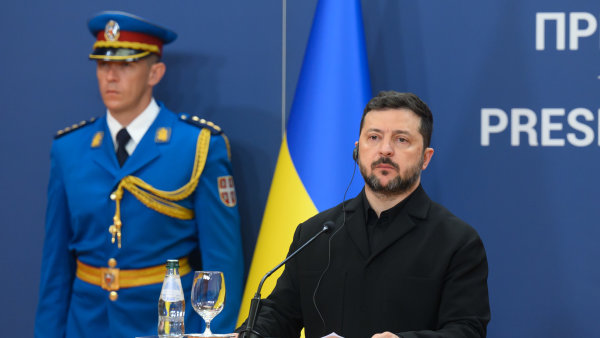 Volodymyr Zelenskyj na tiskové konferenci v Bělehradu