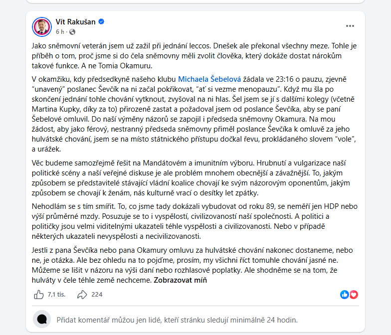 Screenshot z FB profilu Víta Rakušana. (Foto: HN) Screenshot z FB profilu Víta Rakušana.