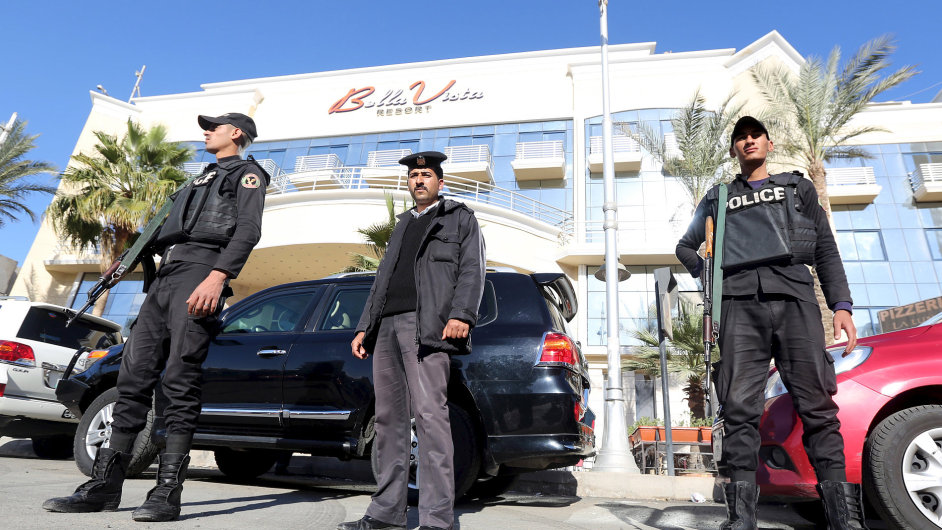 Egyptian security personnel guard the entrance to the Bella Vista Hotel in the Red Sea resort of Hurghada
