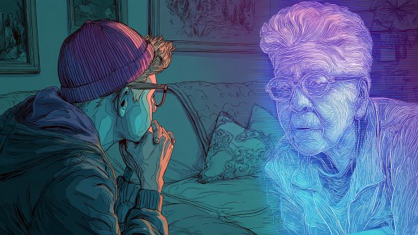 TEST midjourneyeco Draw a picture of someone talking to a hologram o 6e0e177d...