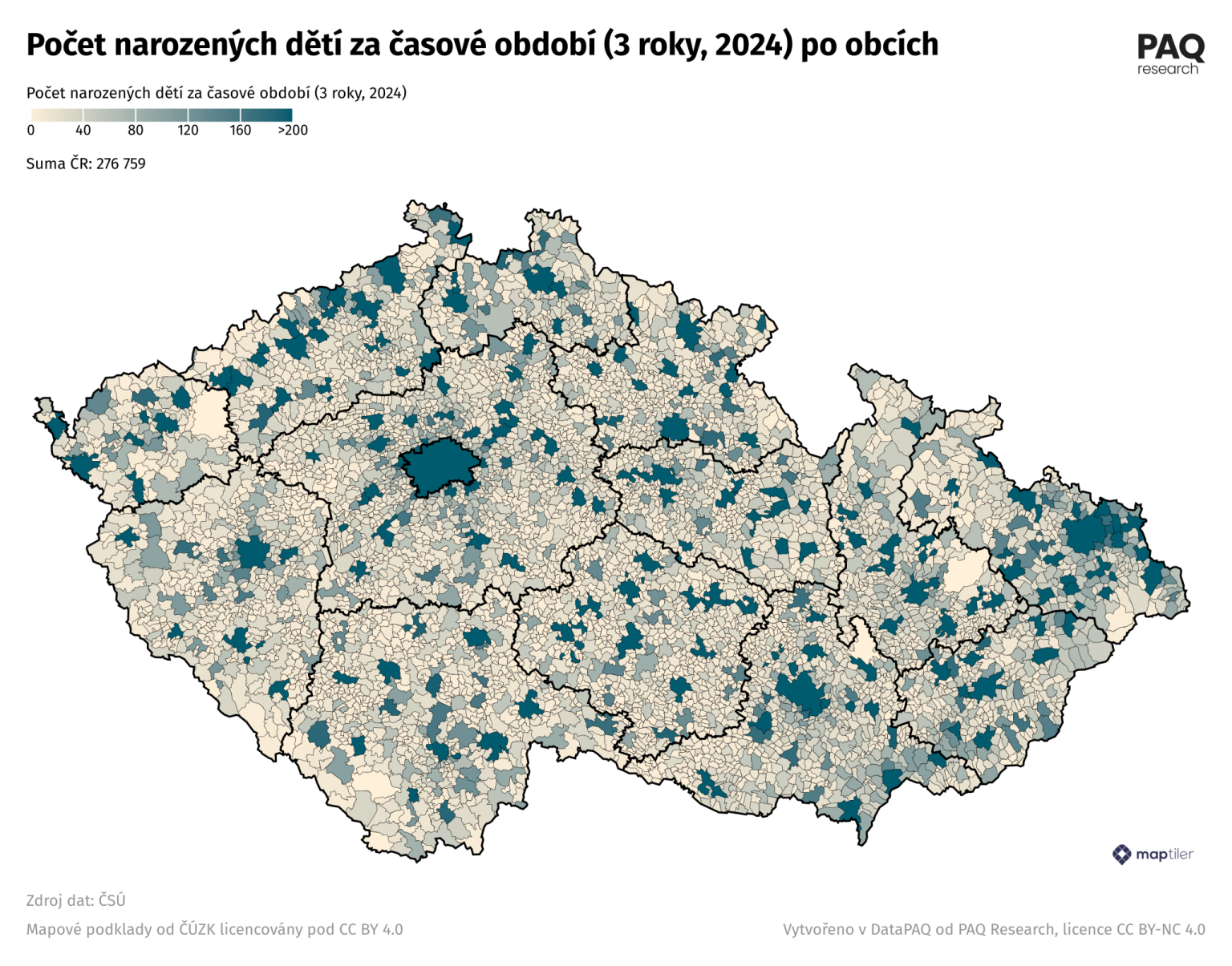 V roce 2027 bude v mateskch kolch o deset procent mn dt. Mapka ukazuje poet narozench dt za roky 2021-2024 po obcch. Zdroj dat S, mapov podklad ZK