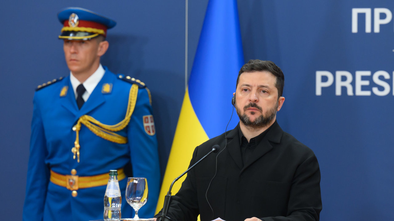 Volodymyr Zelenskyj na tiskové konferenci v Bělehradu