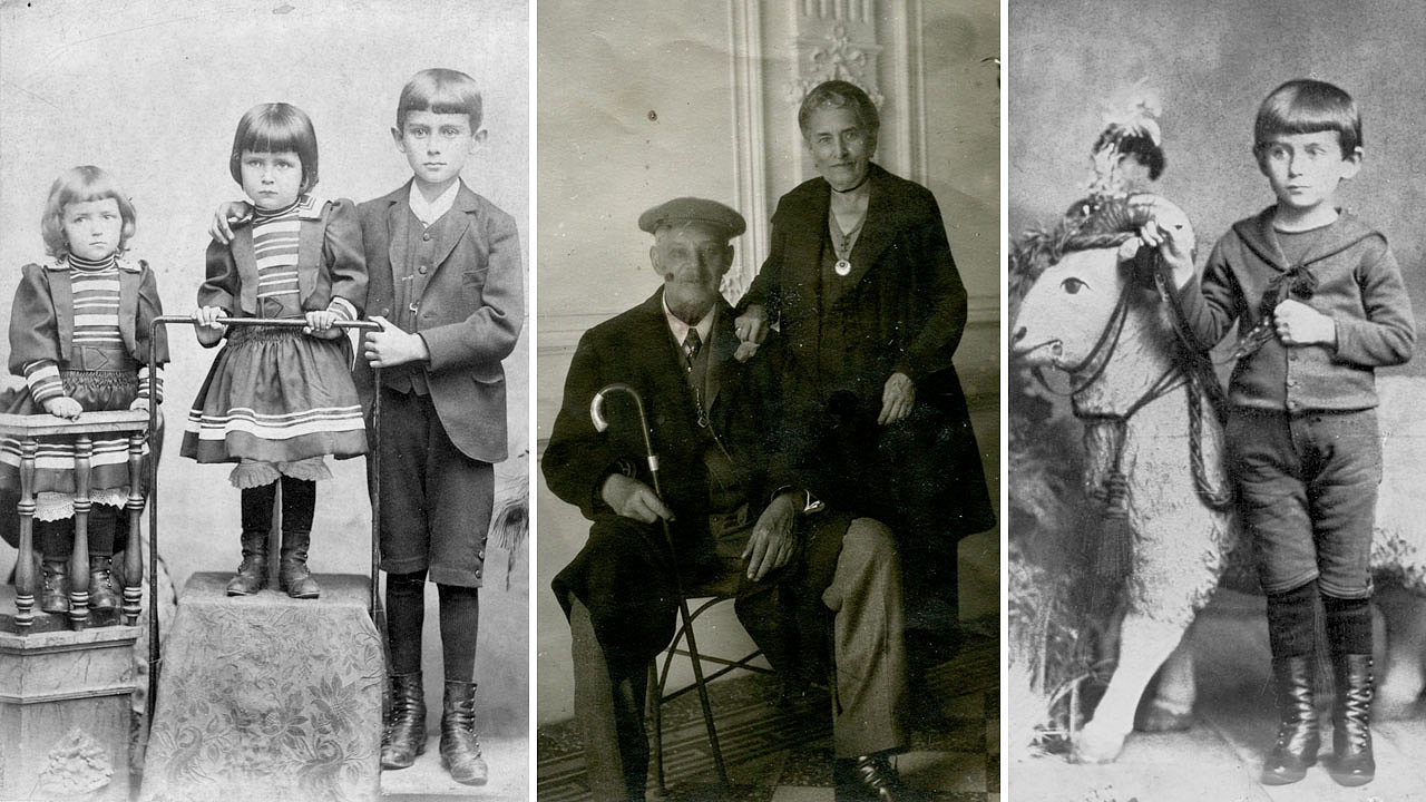 Sourozenci Valli, Elli aFranz Kafkovi (zleva, snmek zejm z roku 1893), spisovatelovi rodie (okolo roku 1920) a zhruba ptilet Franz Kafka.
