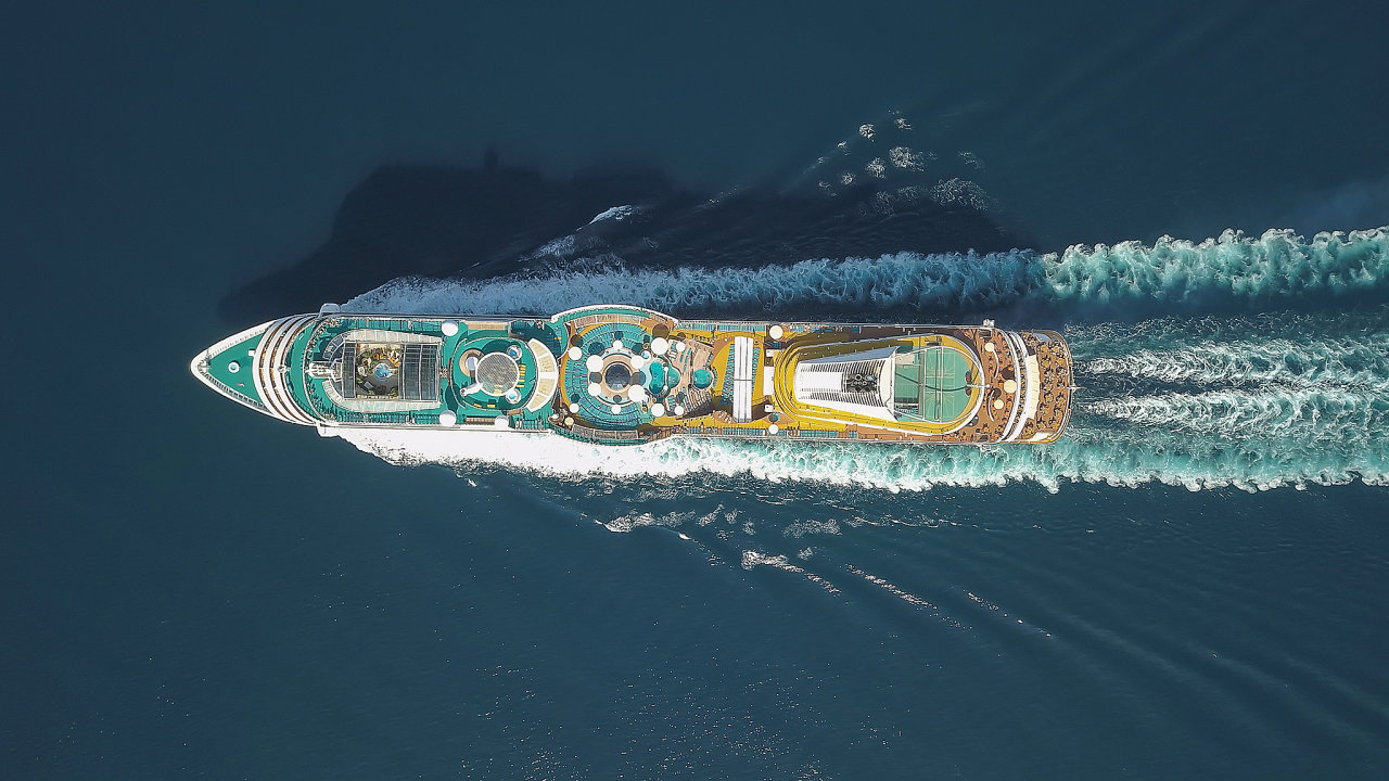 Aerial view large cruise ship at sea