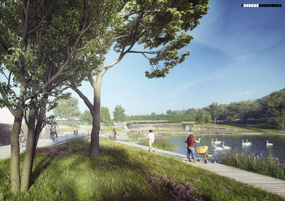 Okolo Motolských rybníků by měla – podle územní studie A69 – architekti – vzniknout odpočinková zóna s promenádou. (pohled do budoucnosti)