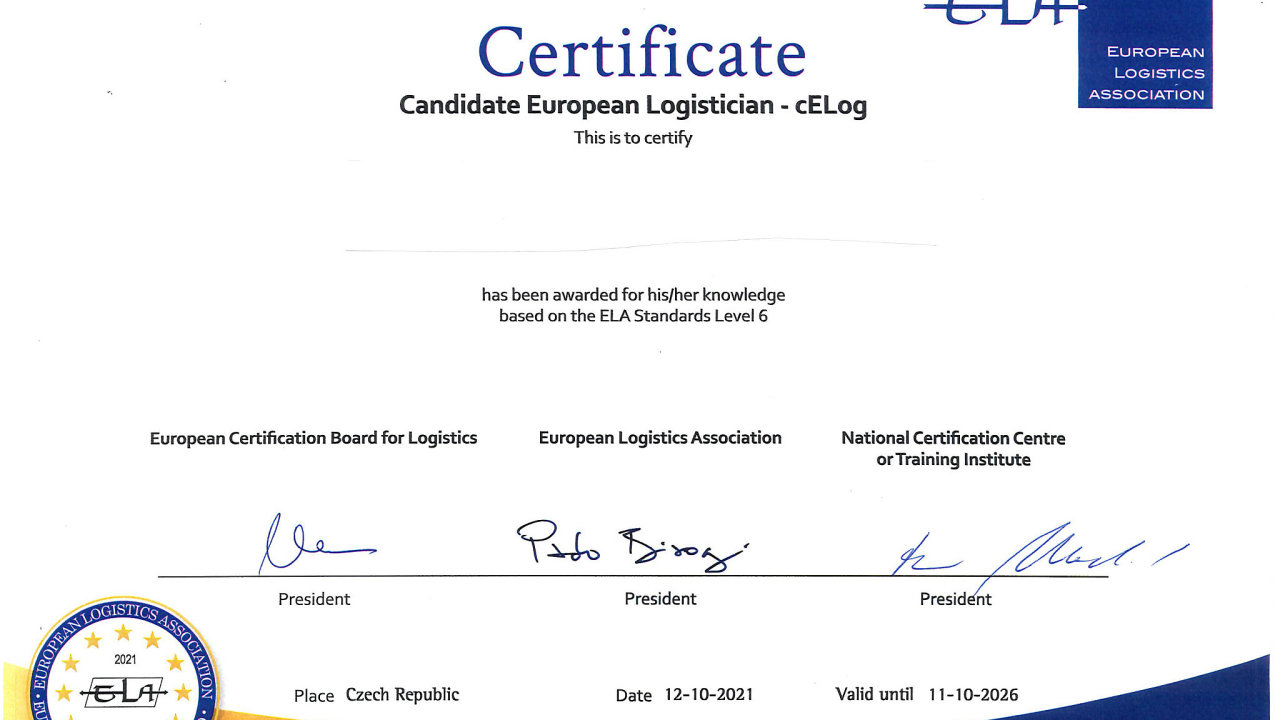 Mezin�rodn� odborn� certifik�t cElog Evropsk� logistick� asociace (ELA) osv�d�uje odborn� znalosti odpov�daj�c� evropsk�ch standard�m