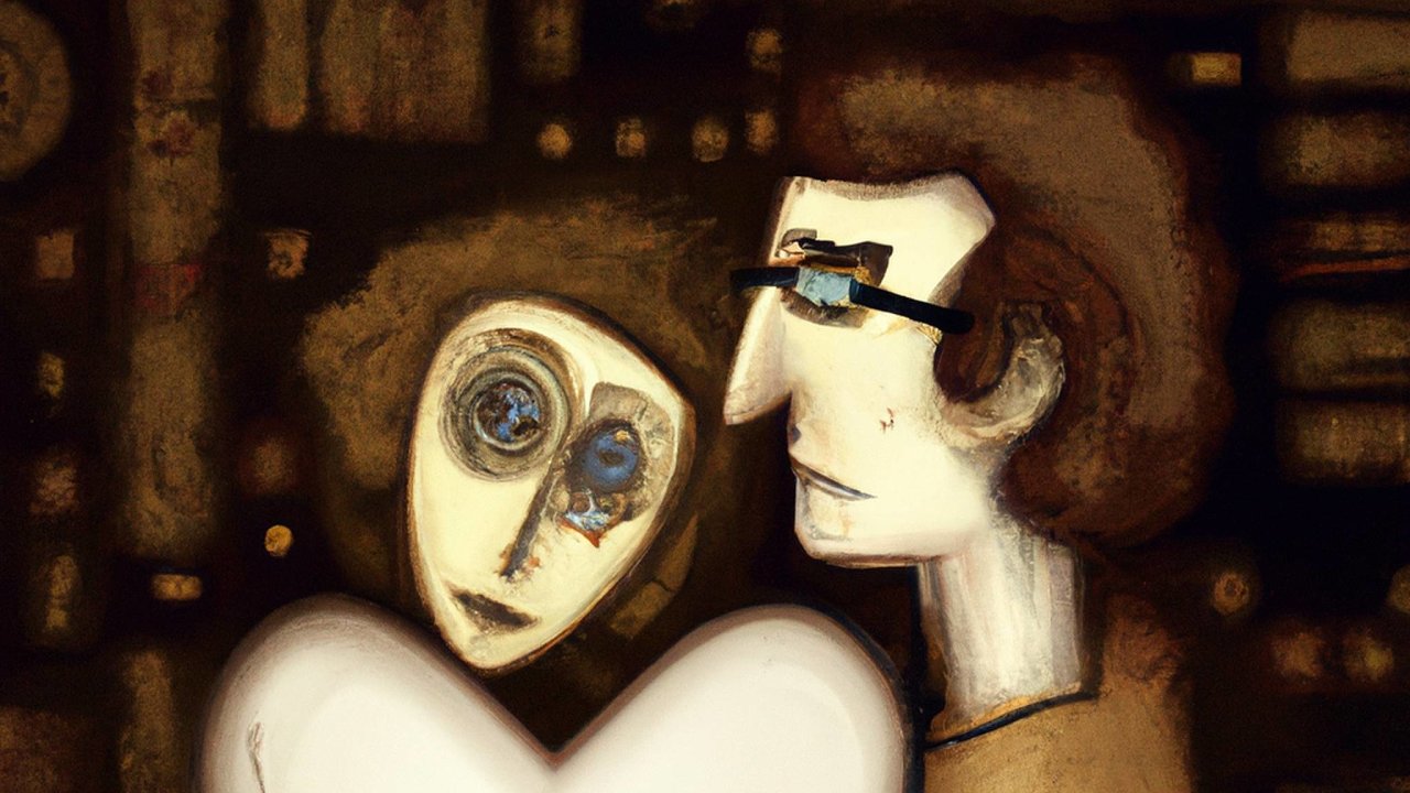 Obraz vytvoøený neuronovou sítí DALL-E 2 podle následujícího textového zadání (pùvodnì v angliètinì): Umìlá inteligence se zamiluje do programátora, obává se jeho konce, ve stylu Gustava Klimta.