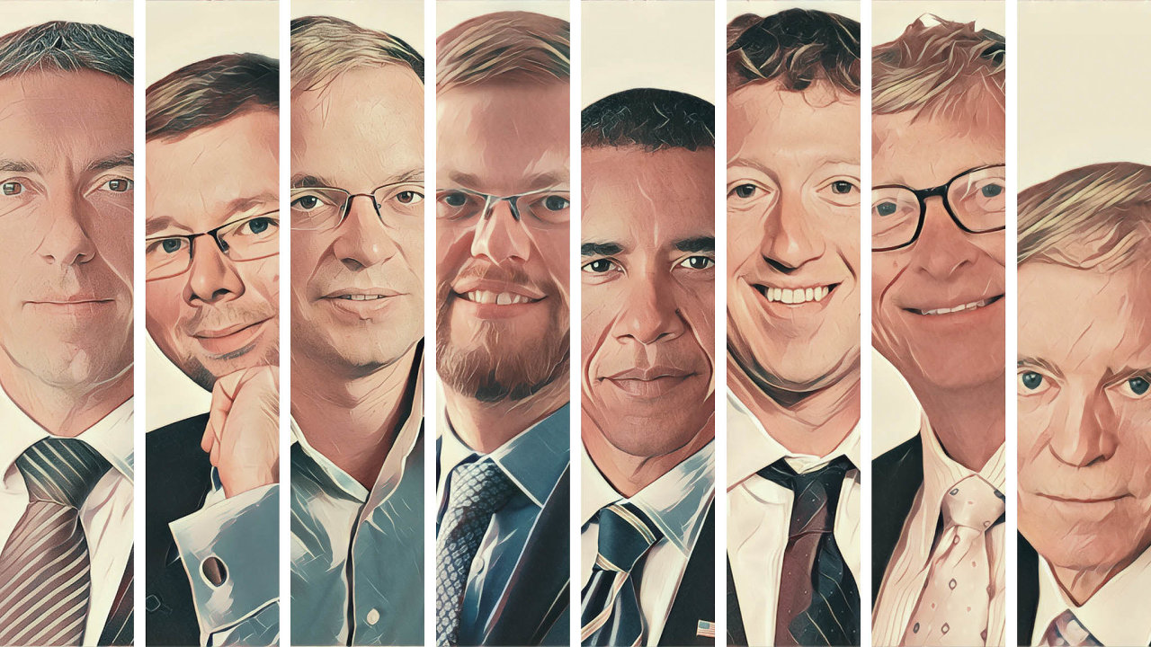 Zleva David Marek, Petr Sklen, Filip Pertold, Jan Lt, Barack Obama, Mark Zuckerberg, Bill Gates a Bill Gross