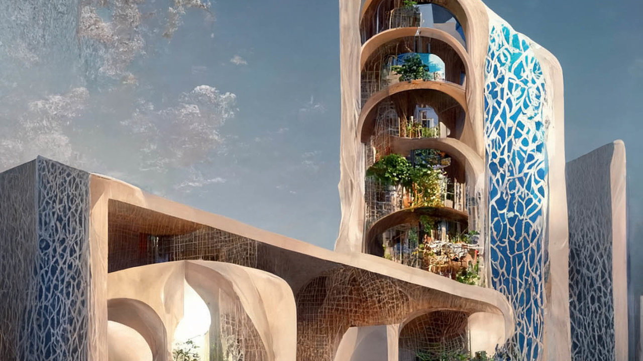 Realistic render of a futuristic apartment building by Gaudi