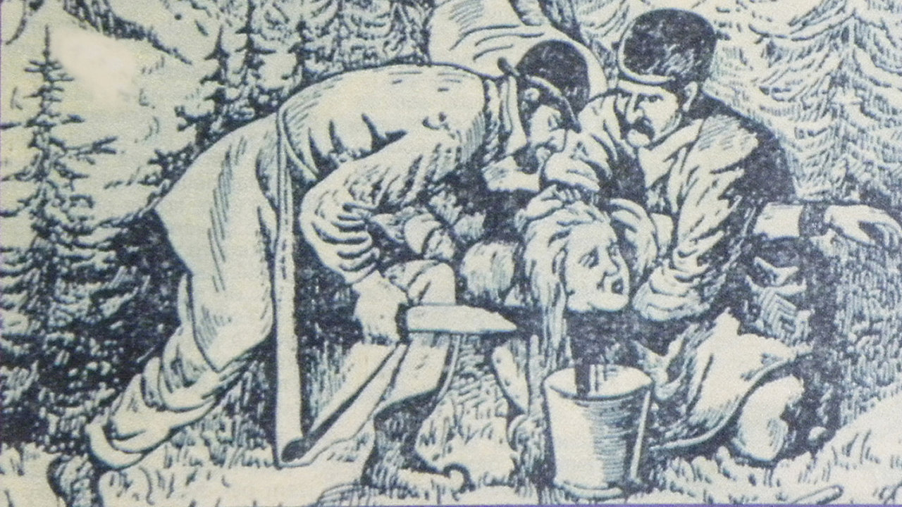 Dobová antisemitská ilustrace ukazující, jak podle pøedstav konspirátorù probìhla rituální vražda Anežky Hrùzové v Polné na Jihlavsku.
