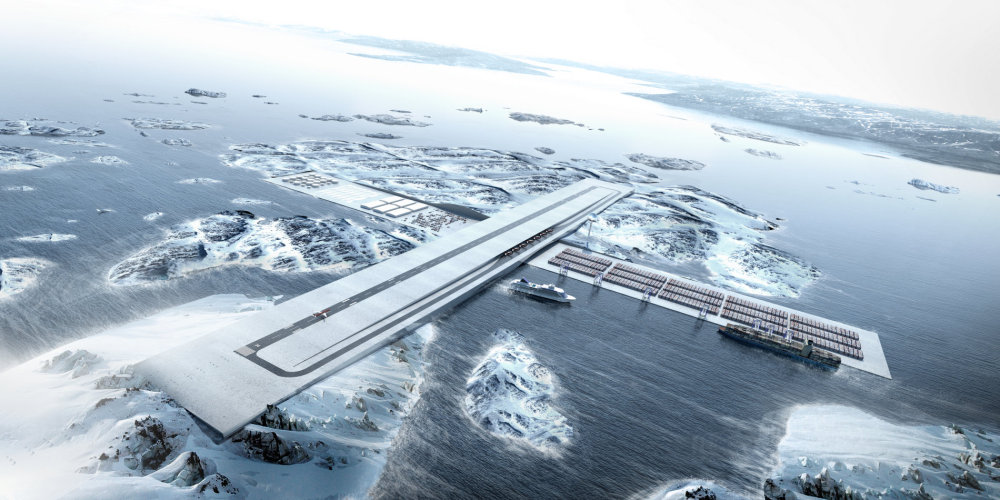 Air+Port Projekt dánského ateliéru BIG pro město Nuuk kombinuje přístav s mezinárodním letištěm.