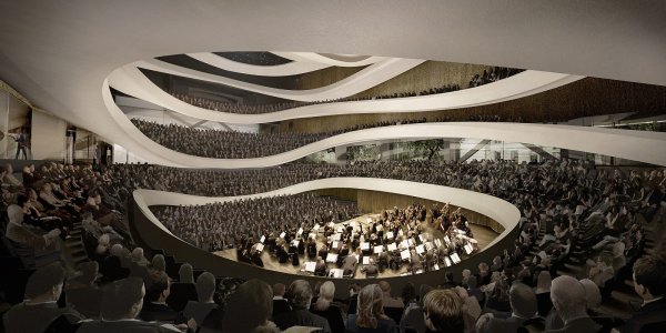 Vizualizaace nov&eacute;ho komplexu Sinfonia Varsovia ve Var&scaron;av�.