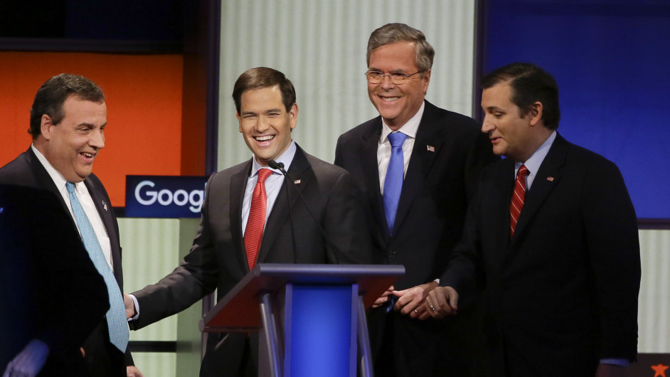 Republiknt kandidti na americkho prezidenta. Zleva Chris Christie, Marco Rubio, Jeb Bush a Ted Cruz.