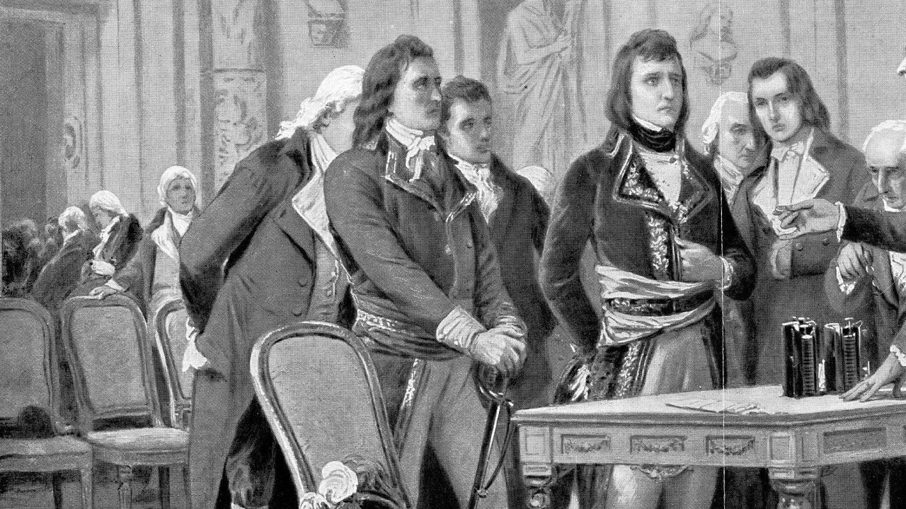 Napoleon Bonaparte coby první konzul na rytinì z roku 1910. Ze dvou zbývajících konzulù se 13. prosince 1799 stali pouzí poboèníci. Cesta k absolutnímu uchvácení moci se otevøela.