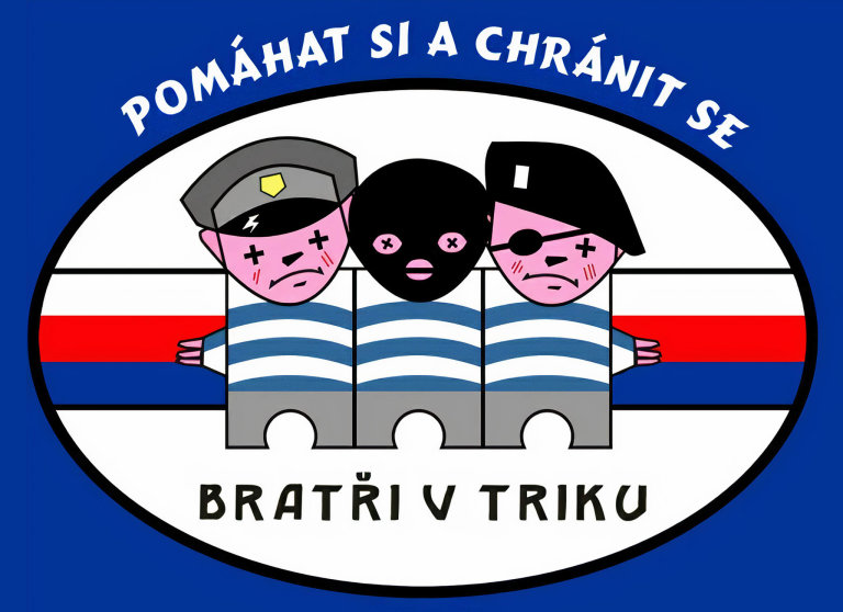Veselí policisté. Logo občanského sdružení, pojmenovaného Bratři v triku, pro bývalé členy bezpečnostních složek ilustruje, jak asi jeho členové svou práci pojímali.