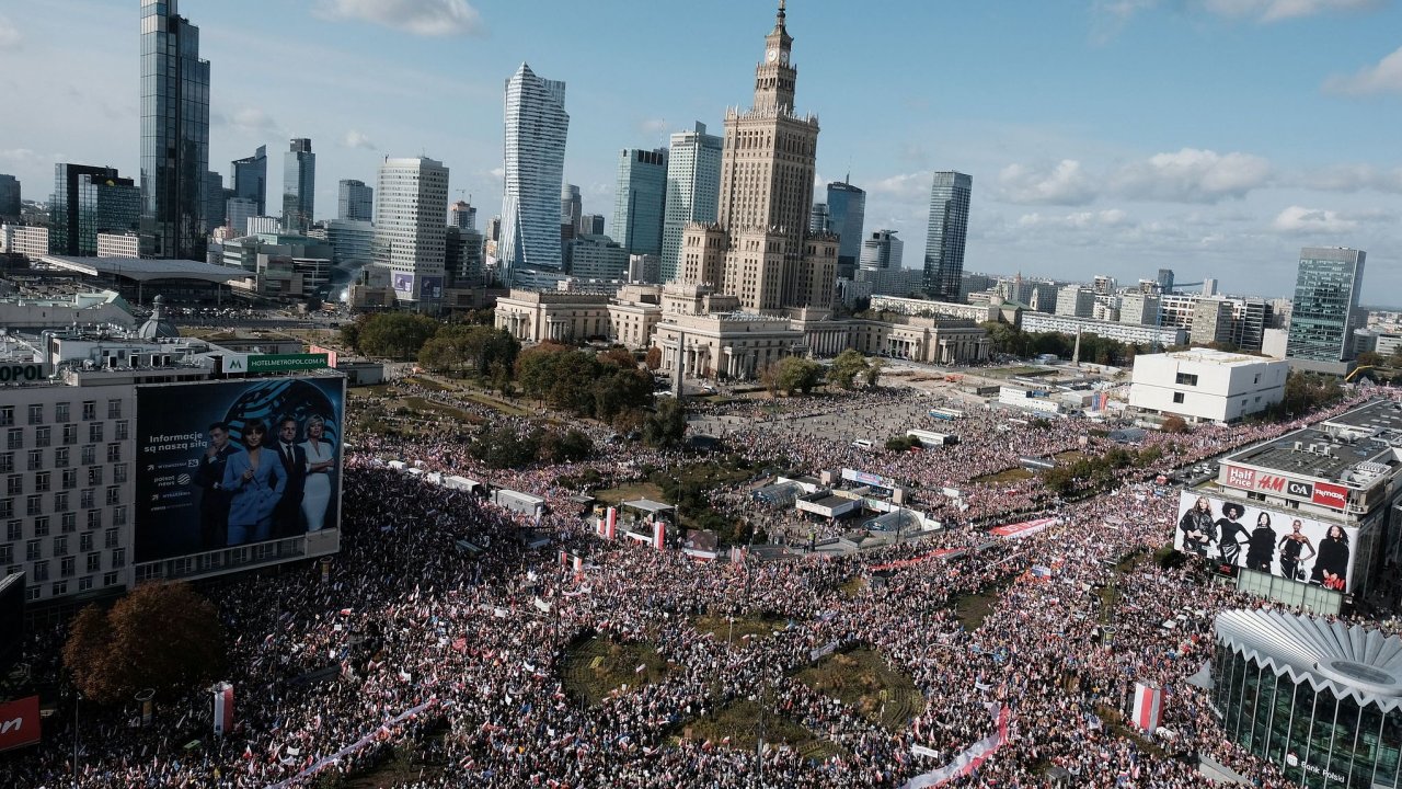 Thousands of people gather for a march to support the opposition against the governing populist Law and Justice party in Warsaw, Poland, Sunday, Oct. 1, 2023.