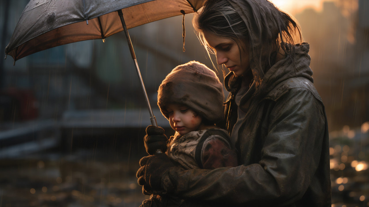 matka chrání dítì, deštník, postapokalyptická doba