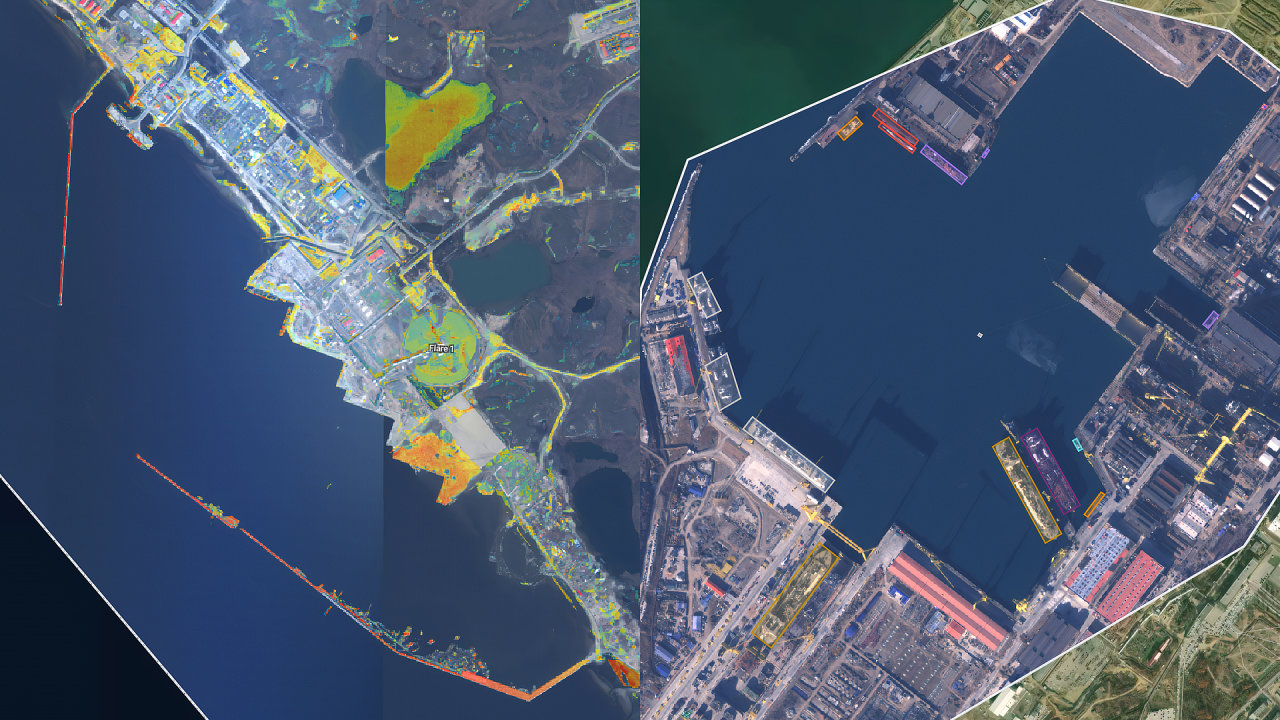 Satelitn fotografie budovanho ruskho terminlu Arctic LNG 2 (vlevo) a lodnice Boloj Kamen (vpravo), kde se stav tankery, kter jsou zrove ledoborce. Snmky jsou zpracovan algoritmy firmy SpaceKnow, kter napklad um urit klasifikaci lod.