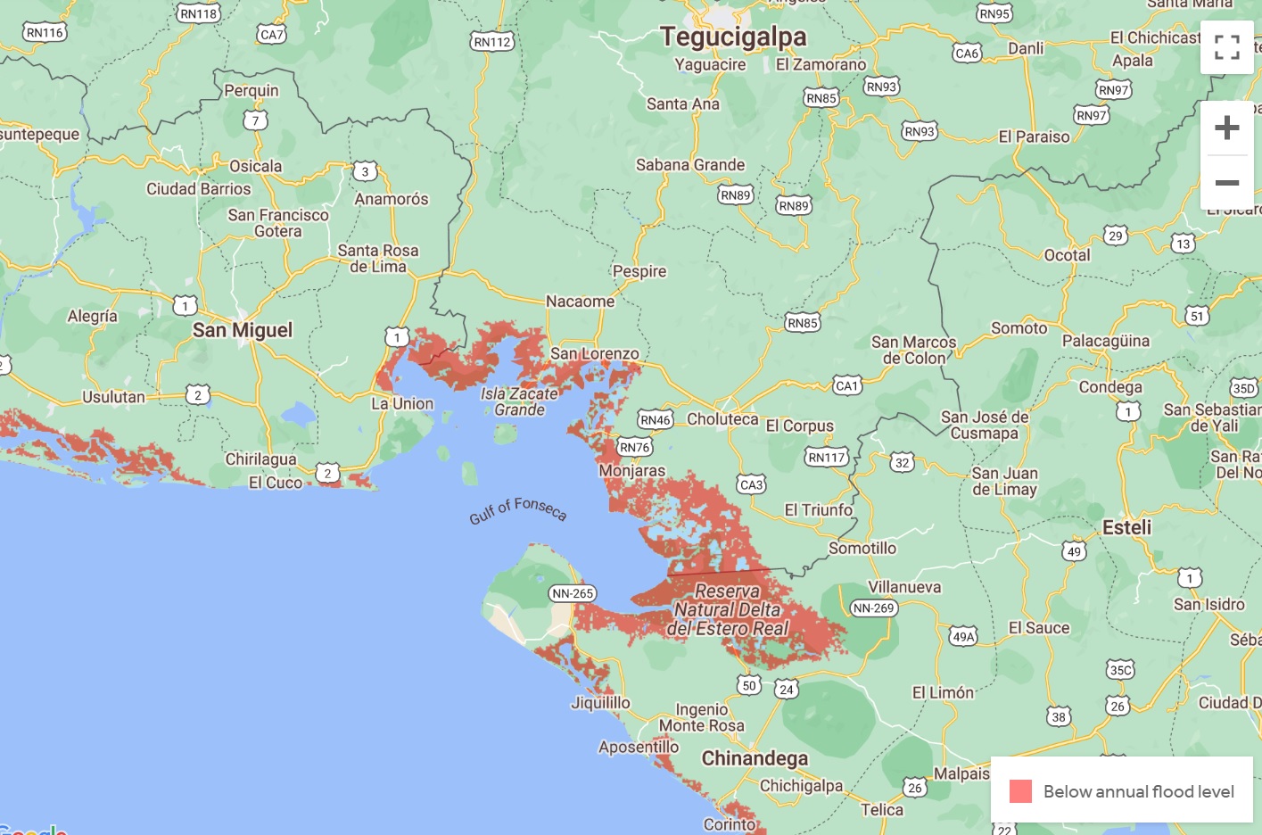 Zaplaven oblasti zlivu Fonseca v roce 2050 podle projekce neziskov zpravodajsk a vzkumn organizace Climate Central.