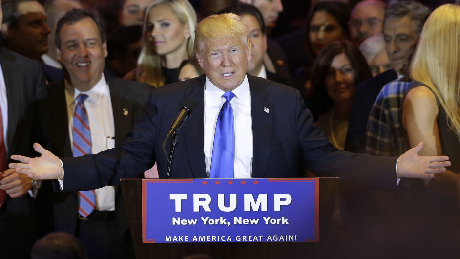 Republican presidential candidate Donald Trump speaks during a primary night news conference