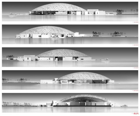 Vizualizace galerie Louvre Abú Dhabí, kterou navrhl architekt Jean Nouvel.
