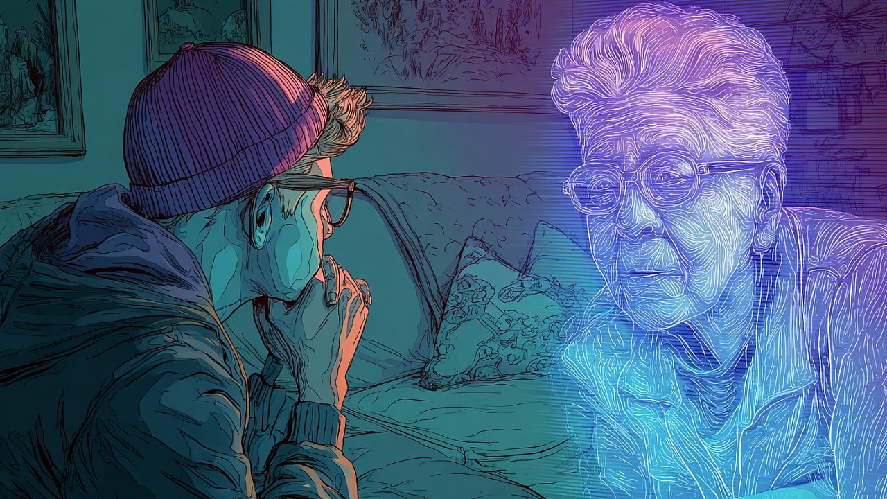 TEST midjourneyeco Draw a picture of someone talking to a hologram o 6e0e177d...