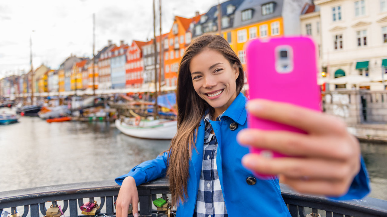 selfie, dívka, turistika, telefon