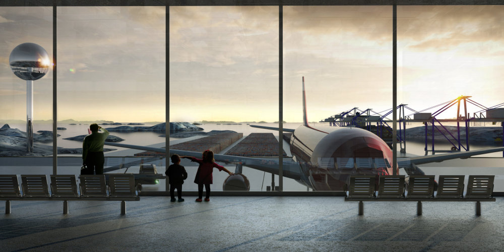 Air+Port Projekt dánského ateliéru BIG pro město Nuuk kombinuje přístav s mezinárodním letištěm.