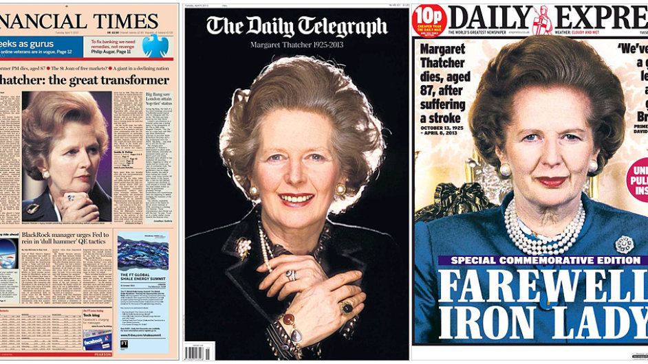 Jak zpracovaly svtov denky smrt Margaret Thatcherov na titulnch stranch.